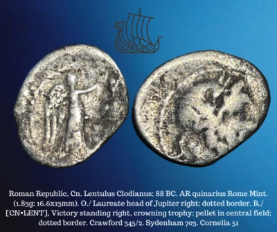 88 BC Roman Republic Cn. Lentulus Clodianus AR Silver Quinarius Victory Coin - Image 1 of 4