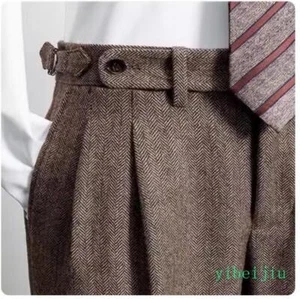 Herringbone Men's Tweed Dress Pants Woolen Straight Retro Long Trousers Casual - Picture 1 of 13
