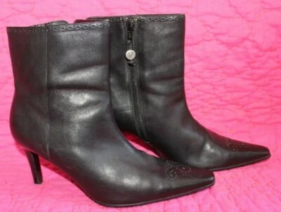 CHAPS Black Ankle Boots Perforated Toes Dawn 8B Leather Upper Side Zip 3" Heals - Image 1 of 4