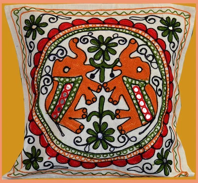 Cotton Embroidery Craft Optiions Hand Made Elephant Pillow Cover from India - Image 1 of 4
