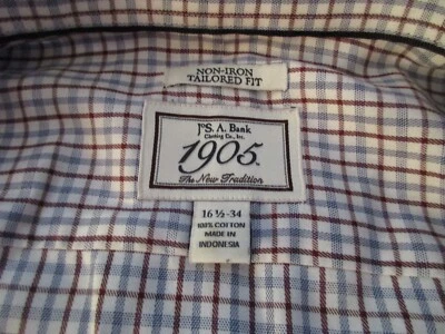 Camisa a cuadros Jos A Bank 1905 cuello abotonado ajuste a medida 16 1/2 -34 Foto 1 de 4