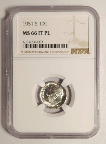 1951 S Dime Roosevelt NGC MS-66 FT PL- TOP POP X 2 Cover