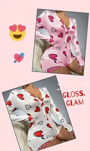 V neck heart print soft feel romper playsuit long sleeve polyester PJ - Picture 1 of 13