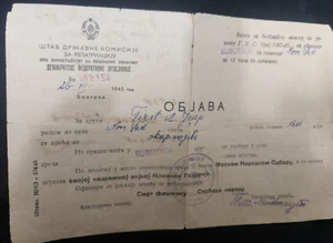 HOLOCAUST JÜDISCHE ÜBERLEBENDE ENTFERNUNG BEFEHLSZERTIFIKAT 1945 Jugoslawien ISRAEL - Bild 1 von 1