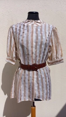 LELLA SPORT Milano camicetta 100% seta righe pois beige collegiale vintage 70 - Immagine 1 di 4