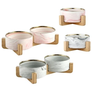 Marbled Ceramic Pet Bowl with Wooden Stand, Cat Food, Water Dispenser, - Picture 1 of 8