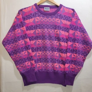 Vintage Meister Ski Sweater Wool Blend Colorful Pink Purple Crew Neck Sz Large  - Picture 1 of 15