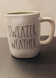 Rae Dunn SWEATER WEATHER Mug or coffee / tea cup Cream w Green inside. NEW - Picture 1 of 5