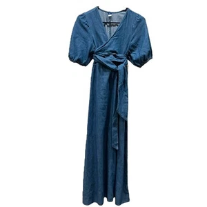 Xs Old Navy Dress Womens Chambray Denim Wash Blue Wrap Cross over tie belt long - Picture 1 of 12