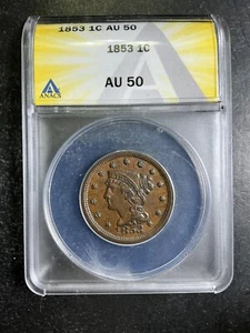 ANACS AU50 1853 Braided Hair Large Cent 1c Great Looking Early Copper 11 - Picture 1 of 2
