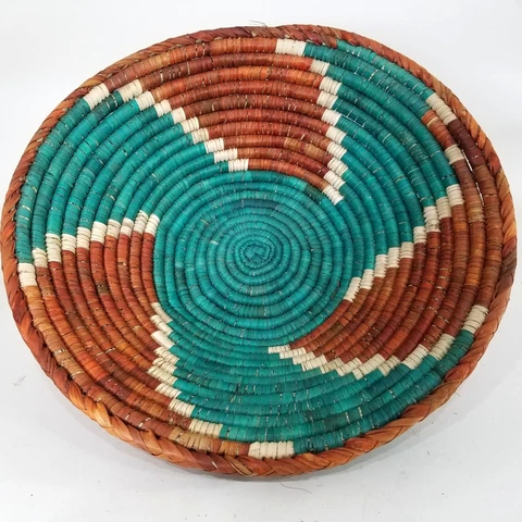 Hand Woven Basket Bowl Round Coil Sun Swirl Brown Teal Aqua Table Wall Decor 18" Cover