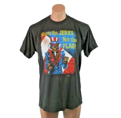 VTG 1990 90s 3D Emblem Thin Single Stitch Burn the Jerks Not The Flag T-Shirt L - Image 1 of 4