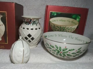 Lenox Lot Egg Ornament Warmer Sentiment Bowl Holly Winter Greeting Holiday 3 Pc - Picture 1 of 12