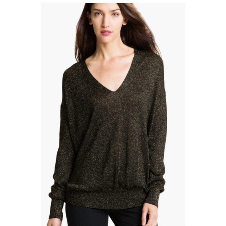 Diane von Furstenberg DVF Black Gold Metallic V-Neck Sweater Oversized Small - Image 1 of 4