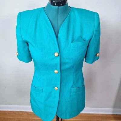 Vtg 80s 90s Teal Short Sleeve Gold Button Blazer Jacket Women Size Medium Career - Image 1 of 4