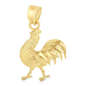 14K Yellow Gold Good Luck sign Rooster Bird Charm Pendant for Necklace or Chain - Picture 1 of 6
