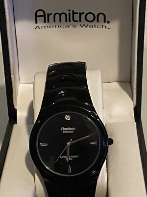 Armitron diamond mens watch,black bracelet and dial genuine diamond markers nwot - Image 1 of 4