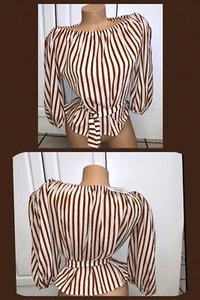 Bluse mit Bindegürtel Streifen halbarm braun weiß Gummizug U-Boot-Ausschnitt Damen NEU Gr. S - Bild 1 von 8