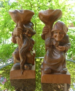 Pair Black Forest German Carved Wood Gnome Candlesticks Man Woman Cat Vtg 10" - Picture 1 of 20