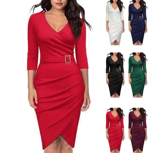 Lang Anhaltende Frauenkleidung Arbeitsgewand Bodycon Büro Einfarbig Elegant - Picture 1 of 15