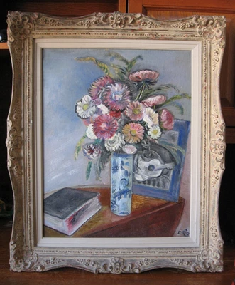 Abraham Mark Datz, oil painting, still life, 20x16, 1930s/40s, guitar, floral - Image 1 of 4