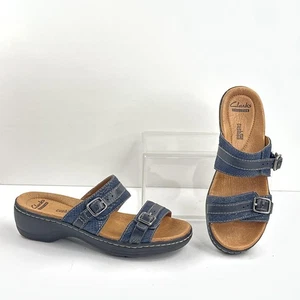 Clarks Damen-Pantoletten 7 marineblau gepolstert weich Keilabsatz Schuhe doppelte Schnalle - Bild 1 von 10