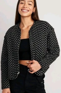 Old Navy Womens Quilted Bomber Jacket Size XL Black Block Print Zip up - Picture 1 of 8