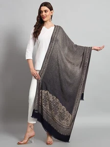 Black Ombre Wool Shawl. Garden of Flowers. Floral Jamawar Stole Pashmina style - Foto 1 di 8