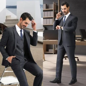NEW Mens Suit Basic Solid 3 Pc w Free Tie Slim Fit Notch Lapel Charcoal Gray USA - Picture 1 of 6