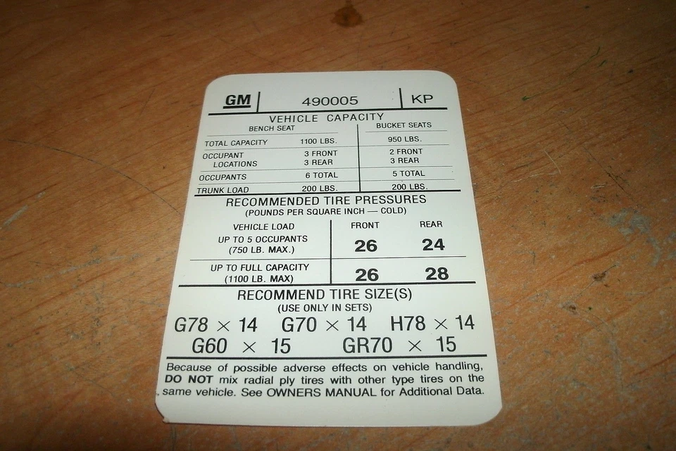 1973 PONTIAC GTO LEMANS AND GRAND AM TIRE PRESSURE SPECIFICATIONS DECAL "KP" - Image 1 of 1
