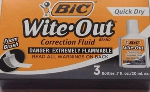 Bic Wite-Out Quick Dry Correction Fluid 20 ml Bottle White 3/Pack Quick Dry NIB - Picture 1 of 3