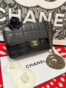 CHANEL Chain Shoulder Bag Camellia Chocolate Bar Flap Black Lambskin Auth 941 - Picture 1 of 24