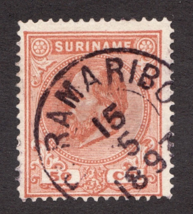 Surinam 1873-89 Sc# 14 - 50¢ Rey Guillermo III - Sello postal usado Cv$20 Foto 1 de 1