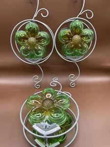 Unique Set of 3 Vintage 70’s Glass Flower Wall Decor - Green & silver MCM - Bild 1 von 10