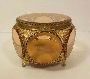 Vintage Brass Ormolu 6-Sided Jewelry Casket Box, Beveled Glass Windows - Picture 1 of 12
