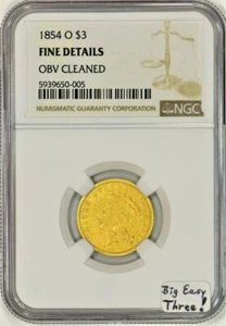 1854-O Gold $3 NGC Fine Details; Big Easy Three!   - Picture 1 of 4