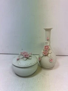 Vintage Arnart Japan Raised Floral Bud Vase & Trinket Box Sculpted - Picture 1 of 11