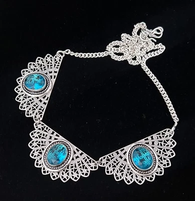 Aqua Rhinestone Collar Necklace 925 Plated Filigree Pendant Art Nouveau Revival — 第 1/4 张图片