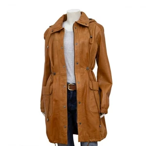 Feminin Touch Damen Jena hellbraun Leder Kapuze Slim Fit Trenchcoat Größe 14 - Bild 1 von 5
