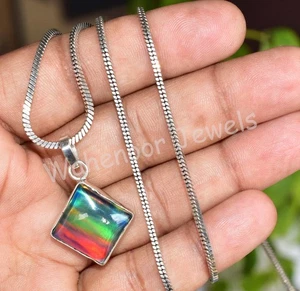 Rare 18.55 Ct Aurora Opal Square 925 Sterling Silver Pendant Certified Handmade - Picture 1 of 7
