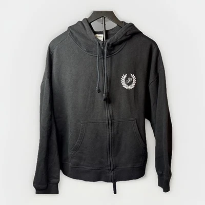 Pink Victorias Secret Black Full Zip Hoodie White Spellout Logo Pocket Sz Medium - Image 1 of 4