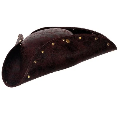 ADULTO MARRÓN IMITACIÓN CUERO COLONIAL PIRATA TACHONADO TRES ESQUINAS TRICORNIO DISFRAZ SOMBRERO Foto 1 de 2