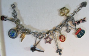 VINTAGE HARD ROCK CAFE PEACE CHARM BRACELET Cross Guitar Music Microphone Star - Picture 1 of 6