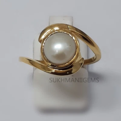 Anillo Perla Natural Chapado en Oro 22k Plata Piedra Natal Unisex Anillo Regalo para ella Foto 1 de 4
