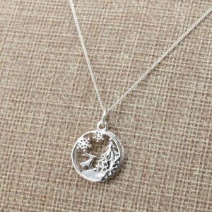 925 Sterling Silver Xmas Christmas Scene Snow Flake Deer Circle Pendant Necklace - Picture 1 of 4