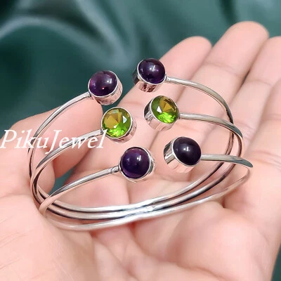 Facettierter Peridot & roter Granat Edelstein 925 Sterlingsilber Armreif für ... - Bild 1 von 4