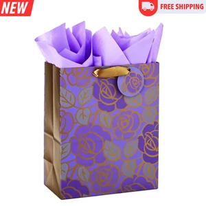 13" Large Gift Bag with Tissue Paper (Purple Flowers, Gold Accents) - Picture 1 of 5