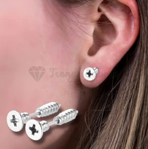 Hypoallergenic Silver Nail Screw Shape Stud Earrings Womens Jewellery Punk Style - Picture 1 of 12