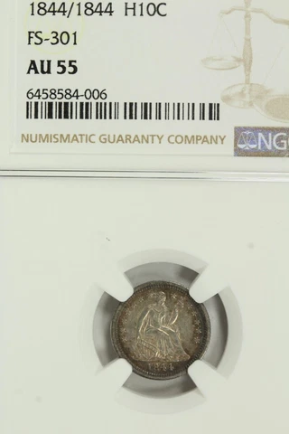 1844/1844 Seated Half Dime : NGC AU55  Double Date all 4 Digits Cover
