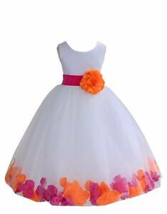 Wedding White Tulle Flower Girl Dress Mixed Rose Petals Recital Pageant Princess
